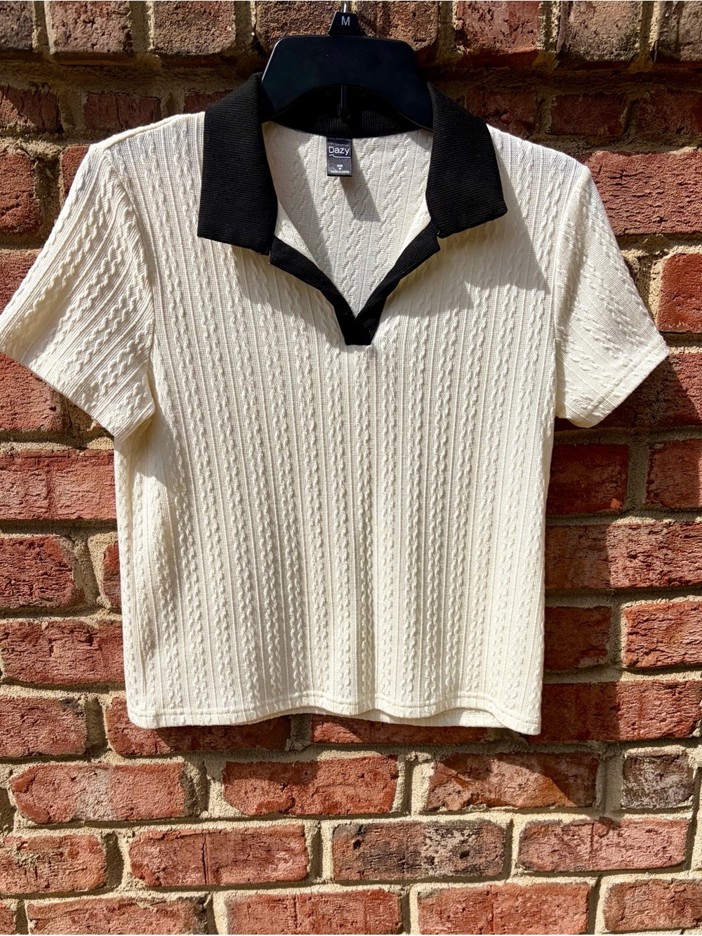 Dazy Cream Knit Polo Top with Black Contrast Collar